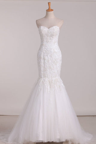 Wedding Dresses Sweetheart Mermaid Tulle With Applique Sweep Train