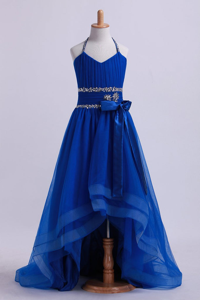 Dark Royal Blue Halter A Line High Low Flower Girl Dresses Beaded Tulle