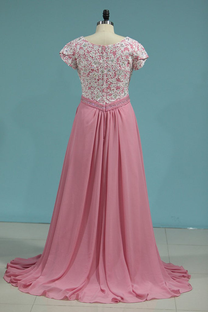 New Arrival Prom Dresses Short Sleeves Chiffon With Applique And Slit