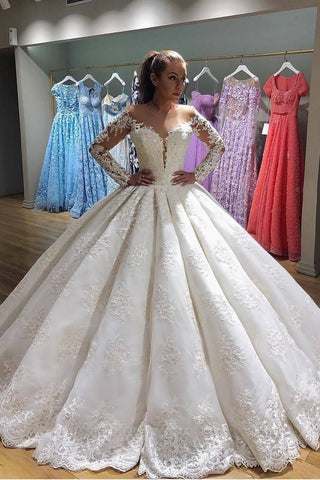 Scoop Long Sleeves Ball Gown Wedding Dresses Tulle With Applique Sweep Train