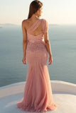 Mermaid One Shoulder Tulle With Beads And Sash Prom Dresses Sweep Train