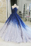 Ombre Ball Gown Royal Blue Prom Dresses With Appliques, Long V Neck Quinceanera Dresses SJS15275