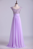 Exquisite Straps A Line Chiffon Prom Dresses Beaded And Ruffled Floor Length