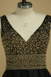 New Arrival A Line V Neck Prom Dresses Satin With Beads&Rhinestones