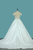 A Line Scoop Wedding Dresses Satin With Handmade Flower And Sash Chapel Train