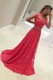 Lace Two-Piece A Line V Neck Prom Dresses Sweep Train