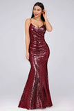 Sexy Spaghetti Straps Burgundy Sequins V Neck Party Dresses Mermaid Prom Dresses SJS15358