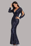 Long Split Sleeve Mermaid V Neck Dark Navy Blue Sequins Prom Dresses, Formal Dress SJS15256