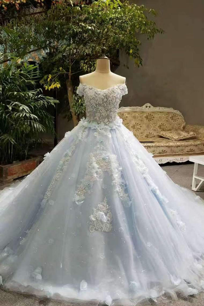 Tiffany Blue Wedding Dresses Tulle Lace Up With Appliques And Handmade ...