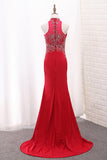 High Neck Spandex Prom Dresses Mermaid With Beading Sweep Train