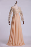 Best Selling Prom Dresses Long Sleeves A Line V Neck Chiffon