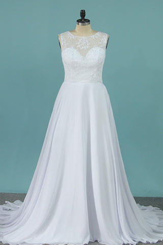 A Line Scoop Chiffon Wedding Dresses With Applique Sweep Train