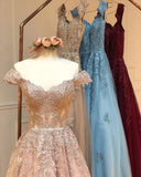 Charming Off the Shoulder Lace Appliques Gold Prom Dresses, Long Party Dresses SJS15115