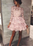 Long Sleeve Pink Above Knee Lace High Neck Homecoming Dress Short Prom Dresses JS764