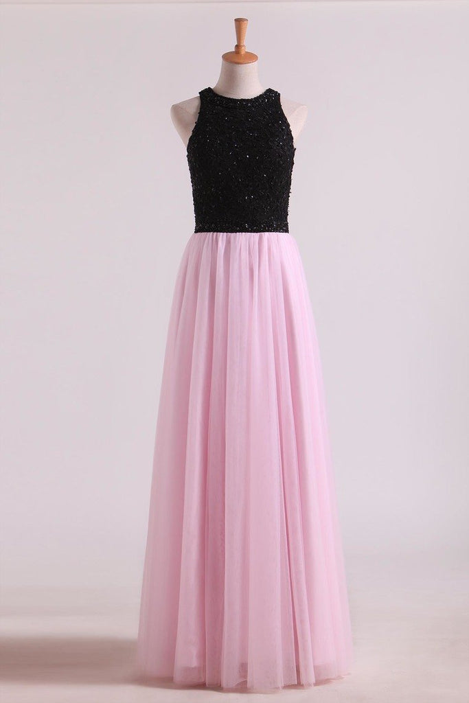 Bicolor Prom Dresses A-Line Scoop Floor-Length Tulle Black Bodice Zipper Back