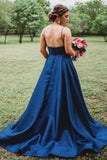 Straps A-Line Beaded Navy Blue Prom Dress With Pockets