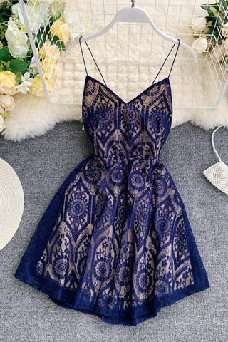 A Line Spaghetti Straps Lace V Neck Navy Blue Homecoming Dresses, Sweet 16 Dresses SJS15555