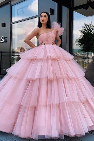 Charming Ball Gown Tulle Pink One Shoulder Long Prom Dresses, Quinceanera Dresses SJS15096