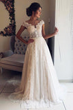 A Line Cap Sleeve Lace V Neck Chiffon Ivory Beads Wedding Dresses, Wedding Gowns SJS14996