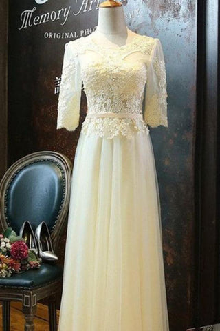 A Line Scoop Tulle Prom Dresses Mid-Length Sleeves With Applique