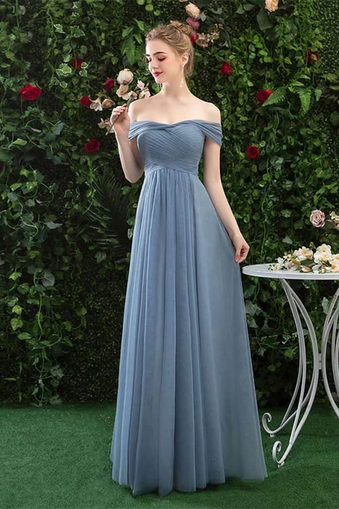 Cheap Off The Shoulder Tulle Long Prom Dress With Short Sleeves, Simple Bridesmaid Dresses