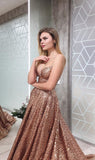 A Line Gold V Neck Sequin Long Prom Dress Long Cheap Evening Dresses JS849