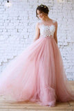 New Arrival Princess Scoop Neck Tulle with Appliques Lace Floor-length Pink Prom Dresses JS630