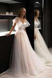 A Line Tulle Short Sleeves Lace Glamorous Wedding Dresses