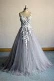 Silver Grey A Line Lace Formal Evening Dresses Appliques Tulle Long Prom Dresses