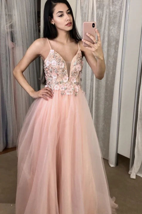V Neckline A-line Pink Long Prom Dresses Spaghetti Straps Tulle Formal Dresses