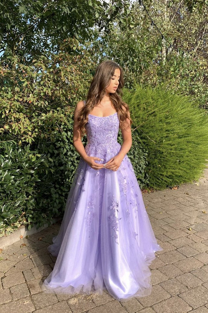 Purple Lace Spaghetti Straps A-Line Appliques Evening Dresses Long Prom Dresses