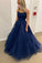 A Line Tulle Lace Appliques Navy Blue Evening Dresses Formal Prom Dresses