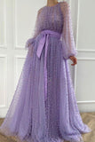 Tulle Scoop Neck Long Prom Dress Beads Rustic Loong Sleeves Evening Dress