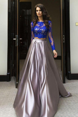 Elegant Blue Two Piece A-line Scoop Long Sleeve Elastic Satin Floor-Length Prom Dresses UK JS327