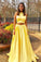 Simple Two Pieces Yellow Long Satin Sleeveless High Neck Prom Dresses UK with Pockets JS288