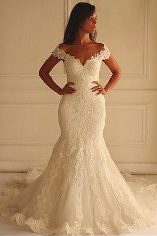 Off Shoulder Short Sleeves Mermaid Lace Wedding Dress with Appliques Bridal Dress JS750