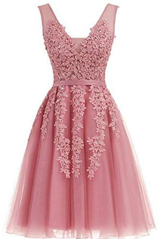 Short Dusty Rose Homecoming Dresses Lace Beads Tulle Appliqued Princess Hoco Dress JS729