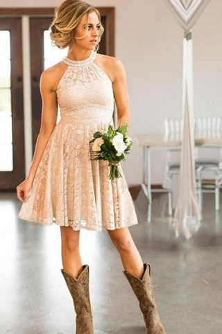Short Lace Country Bridesmaids Dresses Halter Wedding Guest Dresses