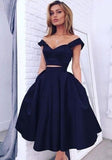 Vintage Style A-line Two-piece Off-the-shoulder A-line Dark Navy Homecoming Dress JS871