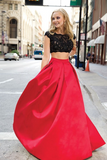 Charming Red And Black Two Pieces Lace Floor Length Prom Dresses Evening Dresses JS136