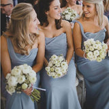 One Shoulder Dusty Blue Long A-line Sleeveless Chiffon Cheap Popular Bridesmaid Dresses