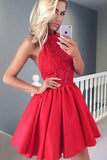 Cute A Line Round Neck Open Back Satin Red Short Homecoming Dresses with Lace JS948