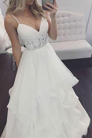 Elegant A Line V Neck Spaghetti Straps Ivory Organza Long Wedding Dresses with Lace JS974