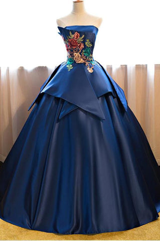 Dark Blue Ball Gown Satin Strapless Lace up Appliques Long Prom Quinceanera Dress JS602