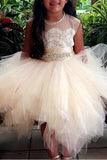 A-Line Tulle Beads Appliques Scoop Blush Pink Button Cap Sleeve Flower Girl Dresses JS888