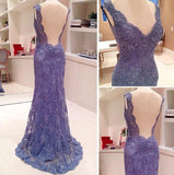 2024 New Style Custom Mermaid V-Neck Sleeveless Open Back Blue Lace Evening Dresses JS11