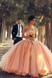 Blush Pink Tulle Ball Gown Sweetheart Bridal Gowns With Rhinestones Quinceanera Dresses JS89