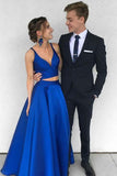 Sexy Royal Blue Two Piece Long Simple Satin Blue V-Neck Formal Evening Prom Dresses JS620