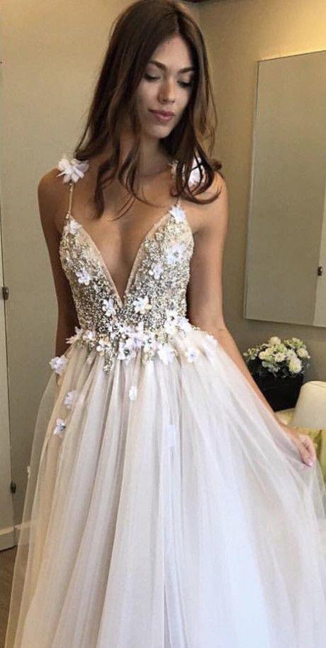 Sexy Spaghetti Straps V Neck A Line Tulle Ivory Backless Prom Dresses Wedding Dresses JS28