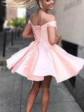 Cute A Line Off the Shoulder Open Back Sweetheart Pink Satin Short Homecoming Dresses JS03